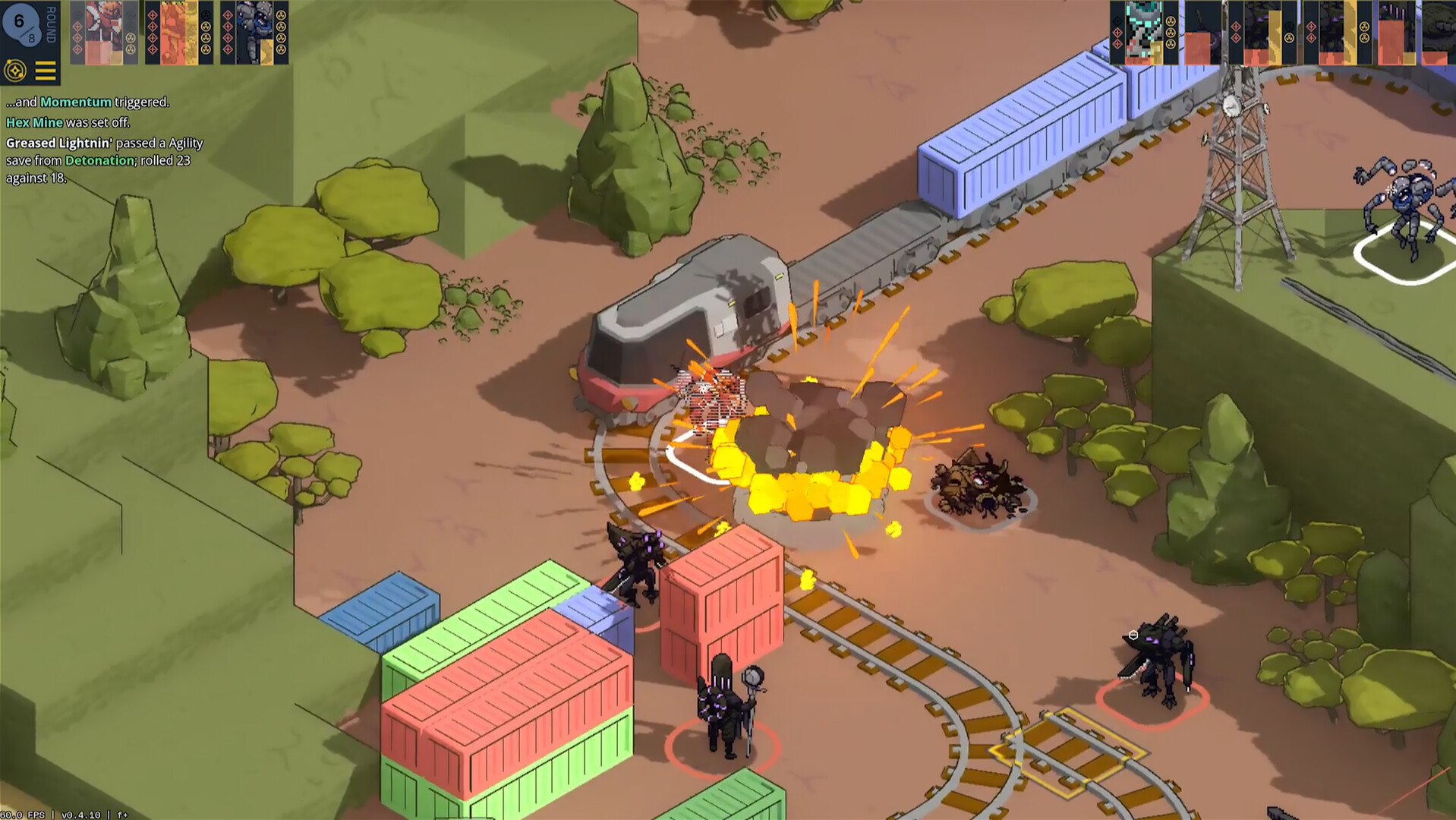 Isometric simple colored unshaed screenshot of mechs in a valley with a train under attack