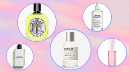Best vacation perfumes: scents from Diptyque/Maison Margiela, Le Labo, Sol De Janeiro and Zara in a pink, purple and orange gradient template