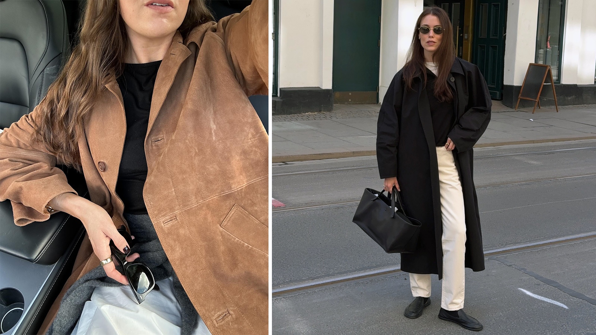 style influencers Anna Howard and Annabel Rosendahl poses in chic winter 2025 2026 outfit ideas with a tan suede jacket, black coat, black sweater, cream jeans, black ruched loafers
