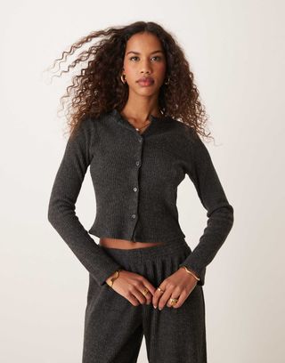 Miss Selfridge Brushed Rib Cardi in Charcoal Grey