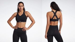 Reebok PureMove+ Bra in black worn by model, front and rear views