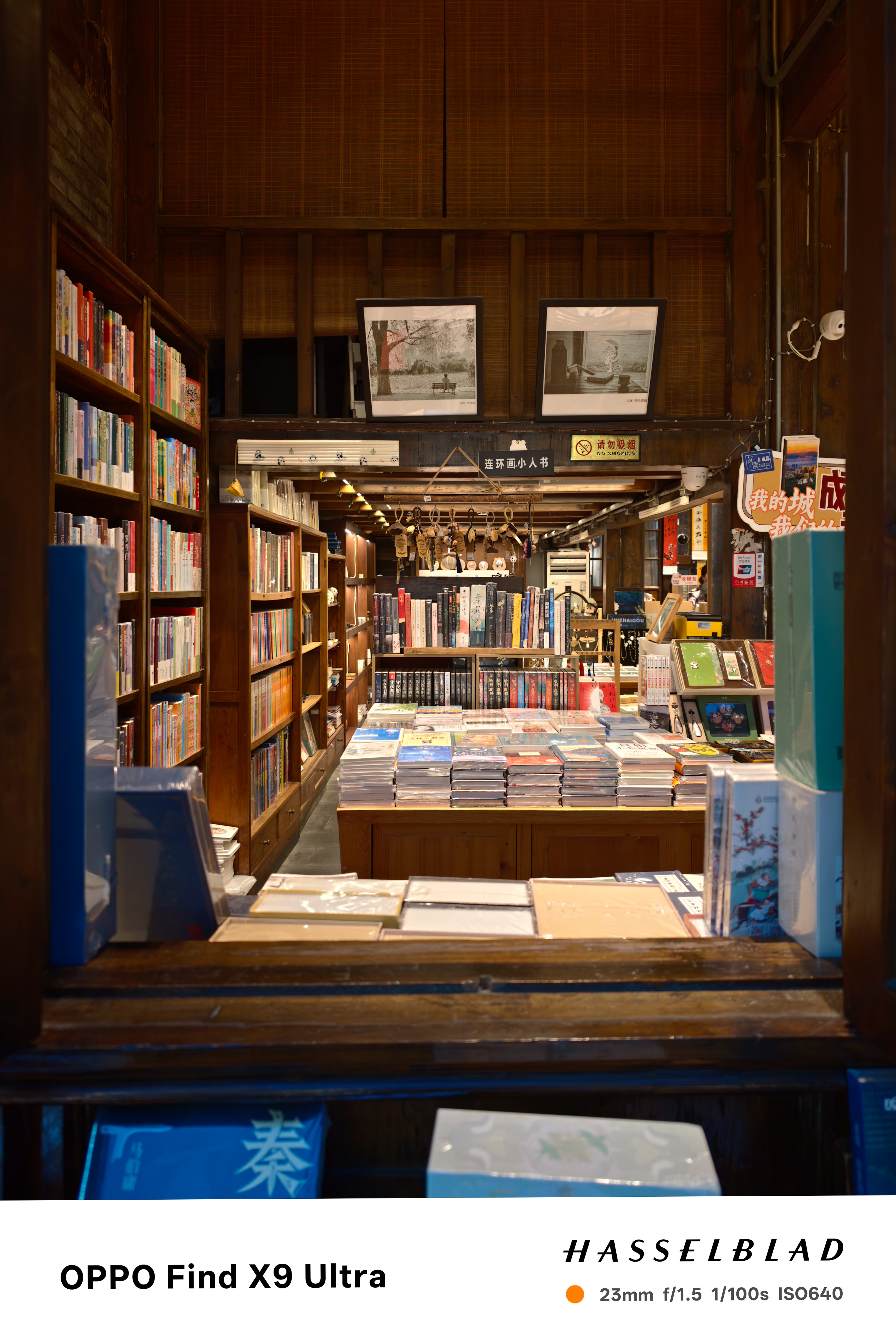 Warmly lit bookstore window with shelves, framed prints, and stacked books