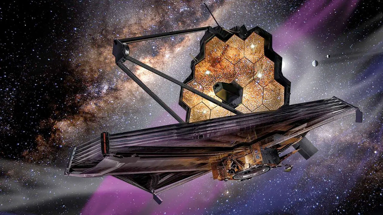 James Vaughan's rendering of the James Webb Space Telescope focuses on the observatory's giant mirror.