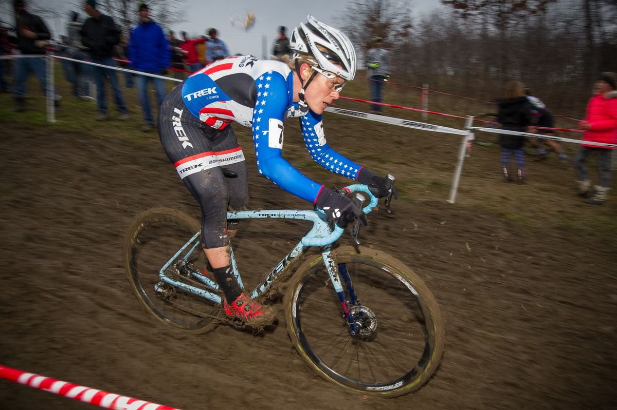 Katie Compton (Trek Collective) takes on a muddy descent from the top of Mt. Krumpit