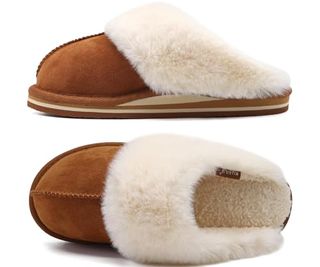 Kuailu Womens Slippers, Fluff Dual Memory Foam Slippers Ladies Cozy Arch Support Warm Scuff Slippers Slip on Comfy Winter House Shoes With Non-Slip Indoor Outdoor Hard Sole Chestnut 9