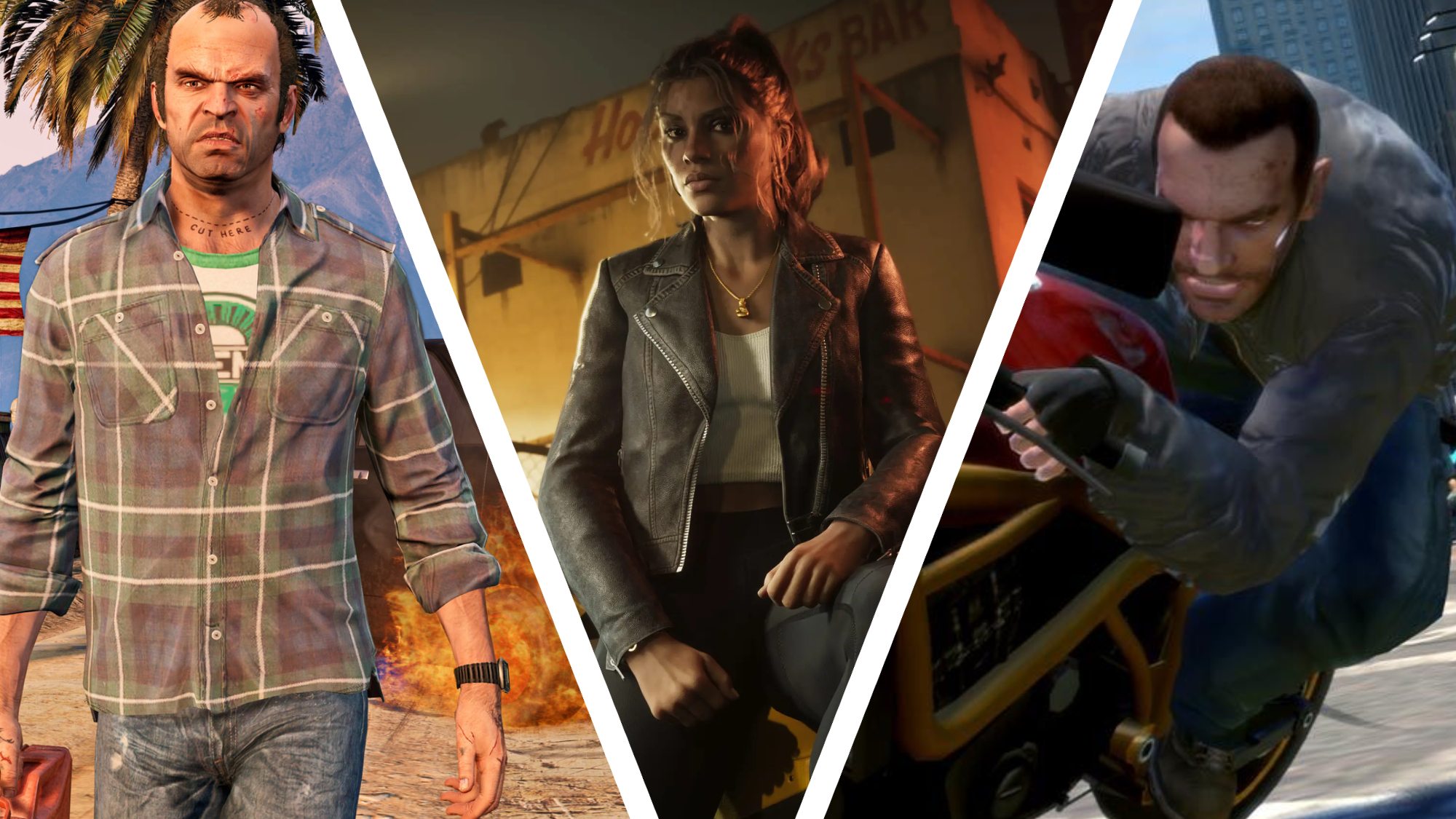 Trevor from GTA 5, Lucia from GTA 6, and Niko from GTA 4 (on a motorcycle) side by side