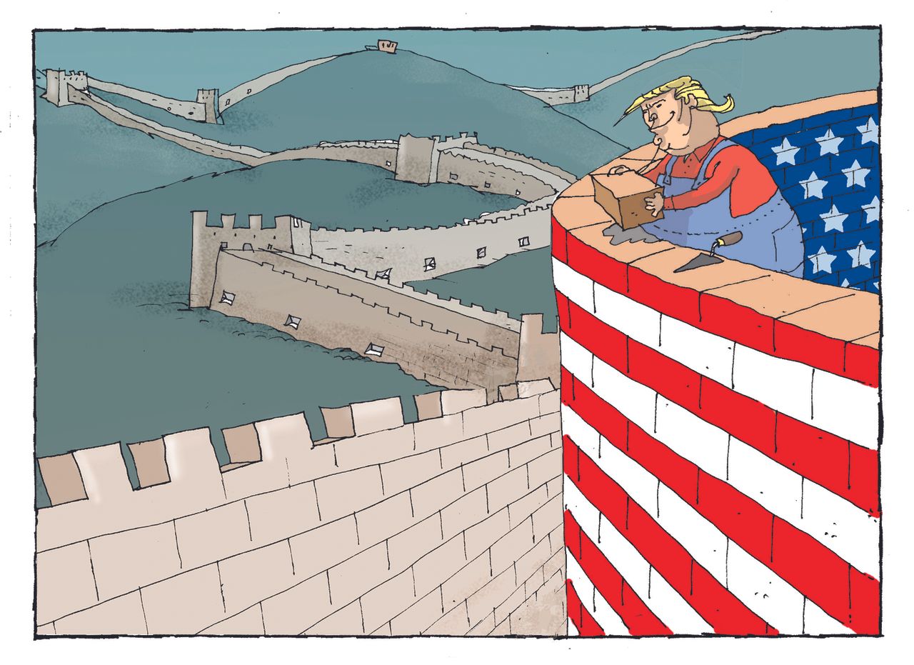 Political Cartoon Trump China wall trade war