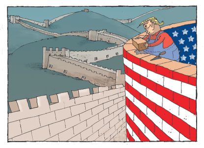 Political Cartoon Trump China wall trade war