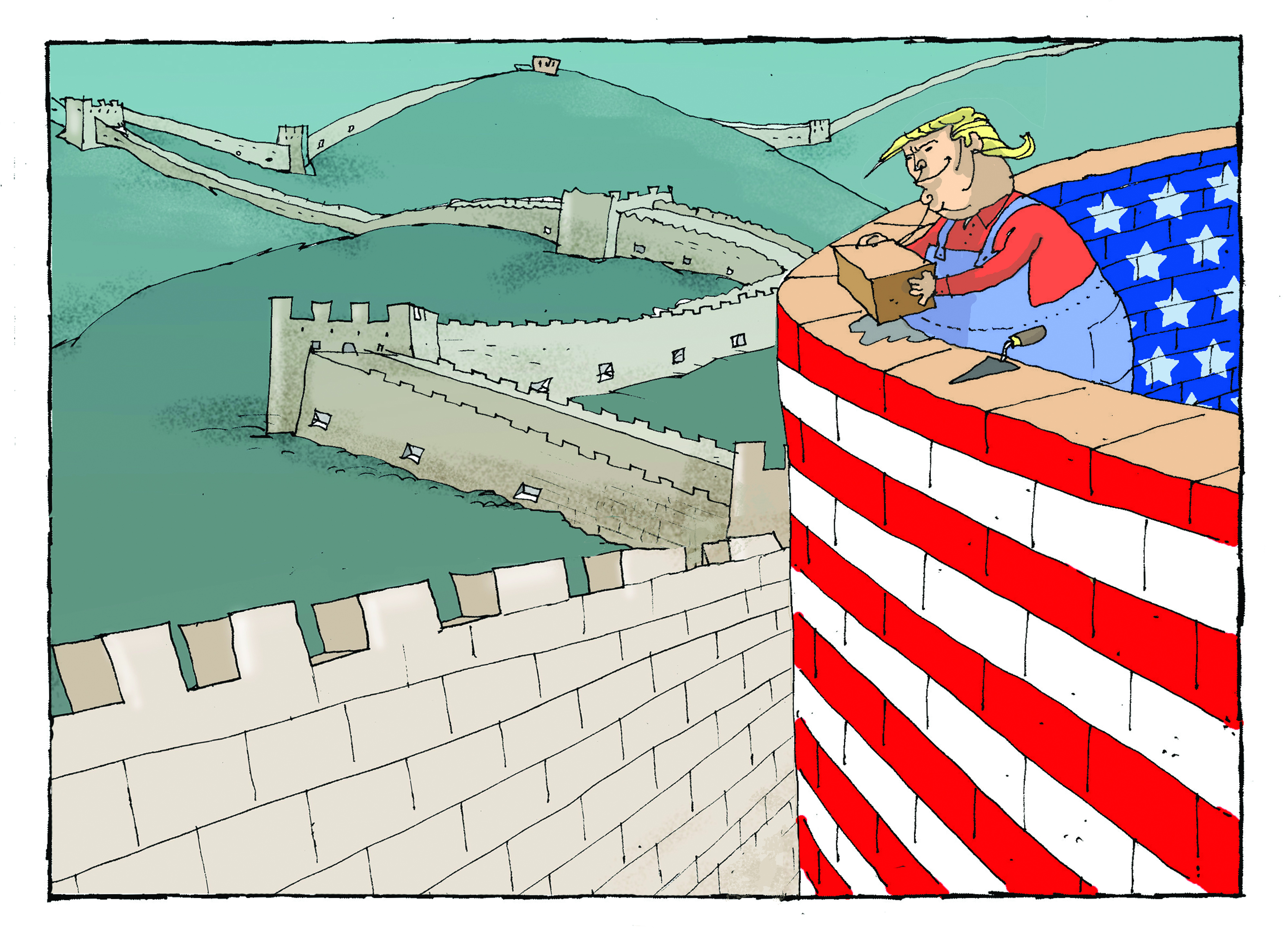 Political Cartoon Trump China wall trade war