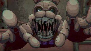 Close-up of Golden Bonnie jumping at the camera with sharp teeth in trailer for Five Nights at Freddy's Into the Pit video game