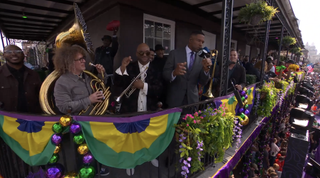 Michael Strahan hosts the Fox pregame Super Bowl LIX show on Bourbon St in New Orleans