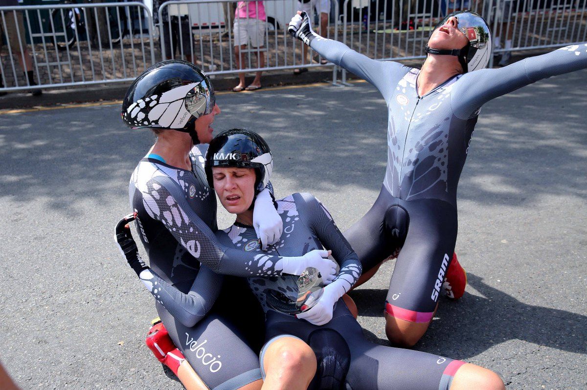 The exhuasted trio Alena Amialiusik, Trixi Worrack and Lisa Brennauer attempt to celebrate victory