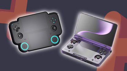 MagicX Retro DS handheld next to Ayn Thor with glowing outlines and navy backdrop featuring GamesRadar+ symbols.