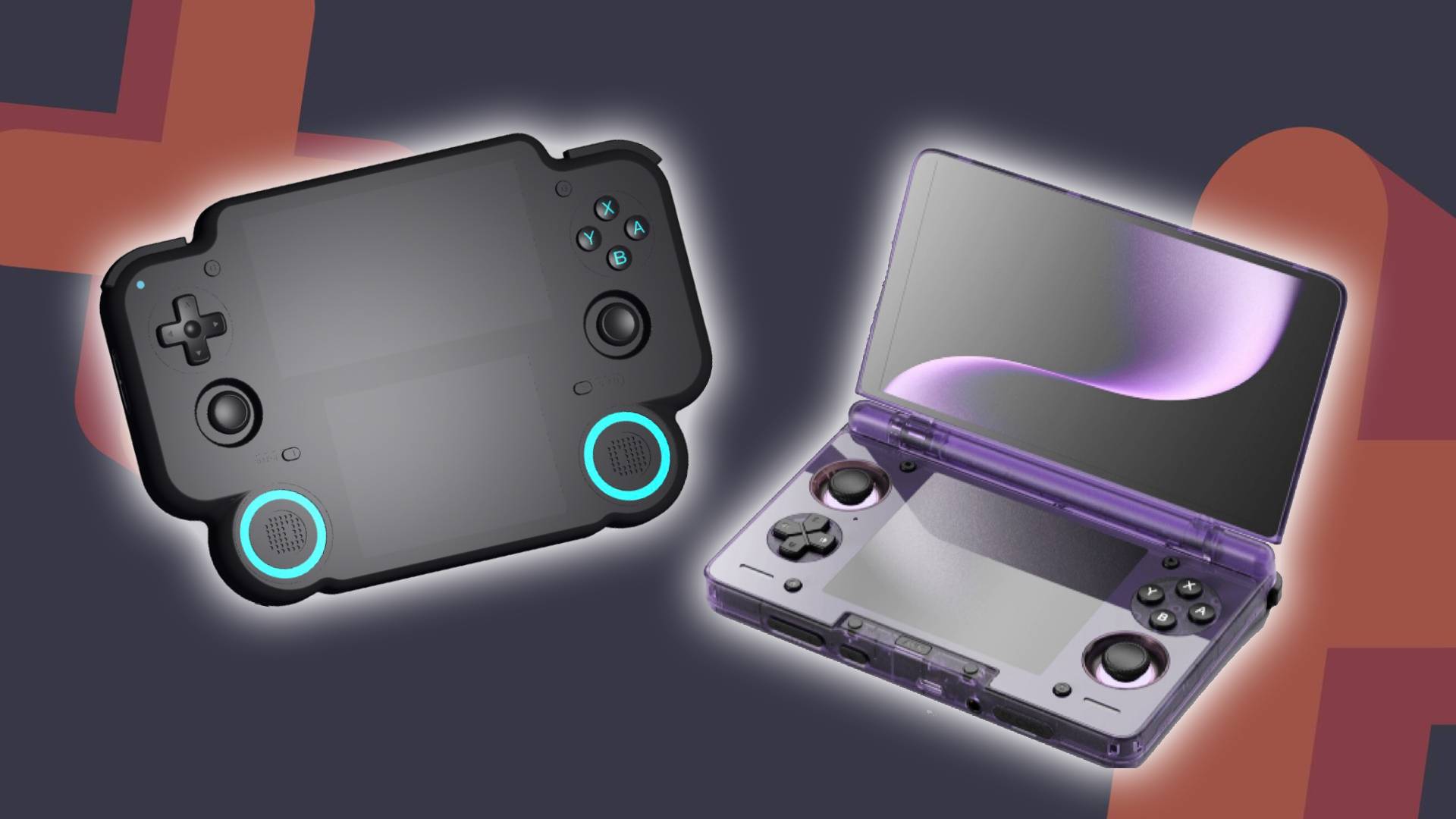 MagicX Retro DS handheld next to Ayn Thor with glowing outlines and navy backdrop featuring GamesRadar+ symbols.