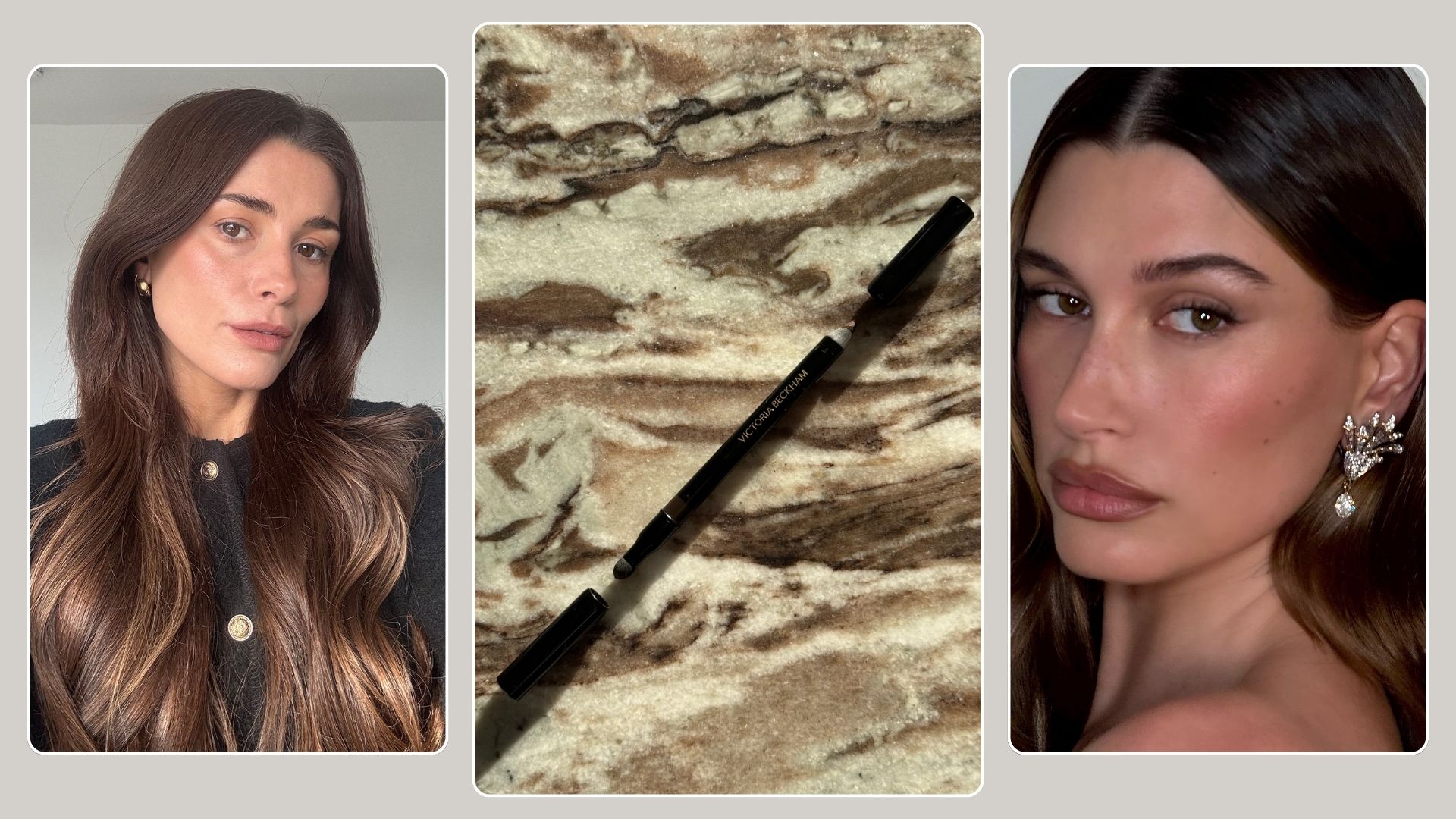 a collage with a photo of Eleanor and Hailey Biber wearing natural-looking eyeliner, and a photo of the victoria beckham beauty eyeliner