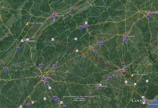 This map shows the path of the Earthgrazer meteor as it flew over South Carolina and Tennessee on May 16, 2014.