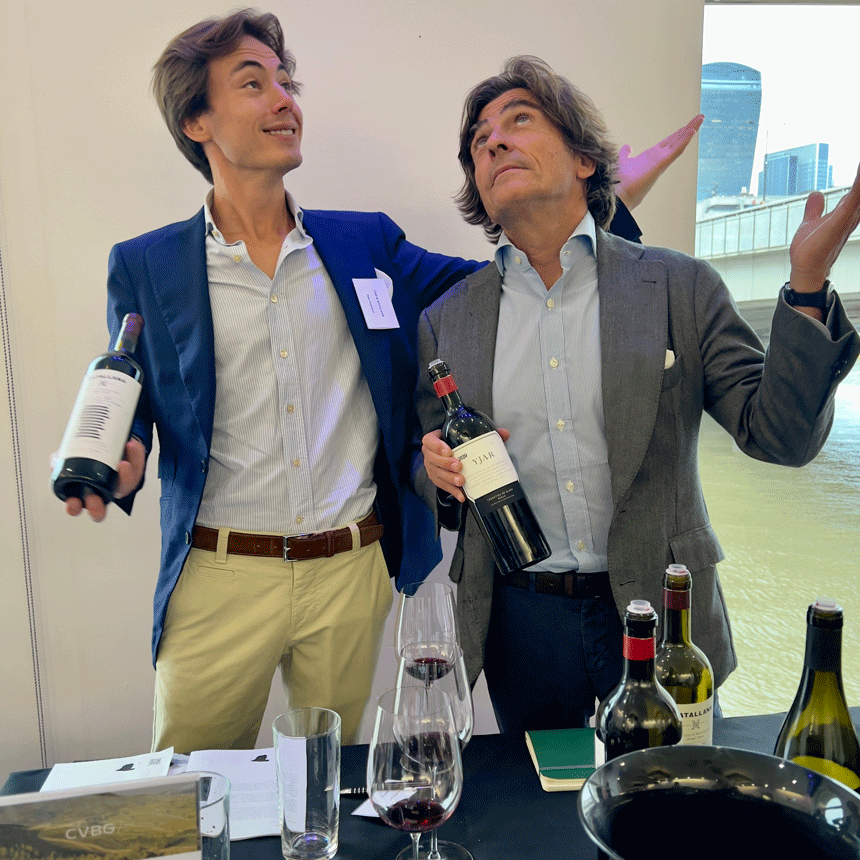 Pablo Rodr&amp;iacute;guez and his father, renowned Spanish winemaker Telmo Rodr&amp;iacute;guez with their Yjar 2020 Rioja and 2021 Vi&amp;ntilde;edos de Matallana from Ribera Del Duero.