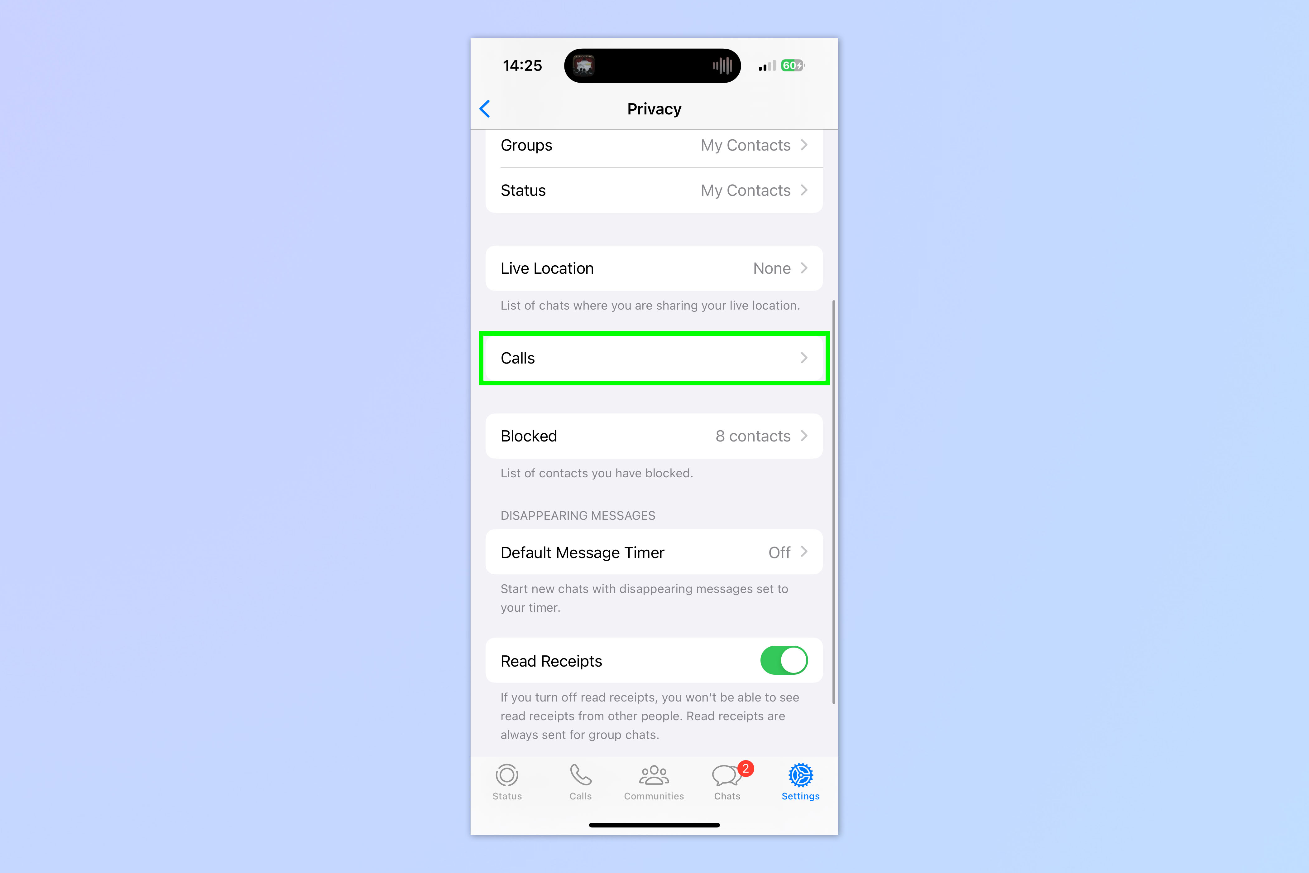 A screenshot showing how to silence unknown callers on WhatsApp