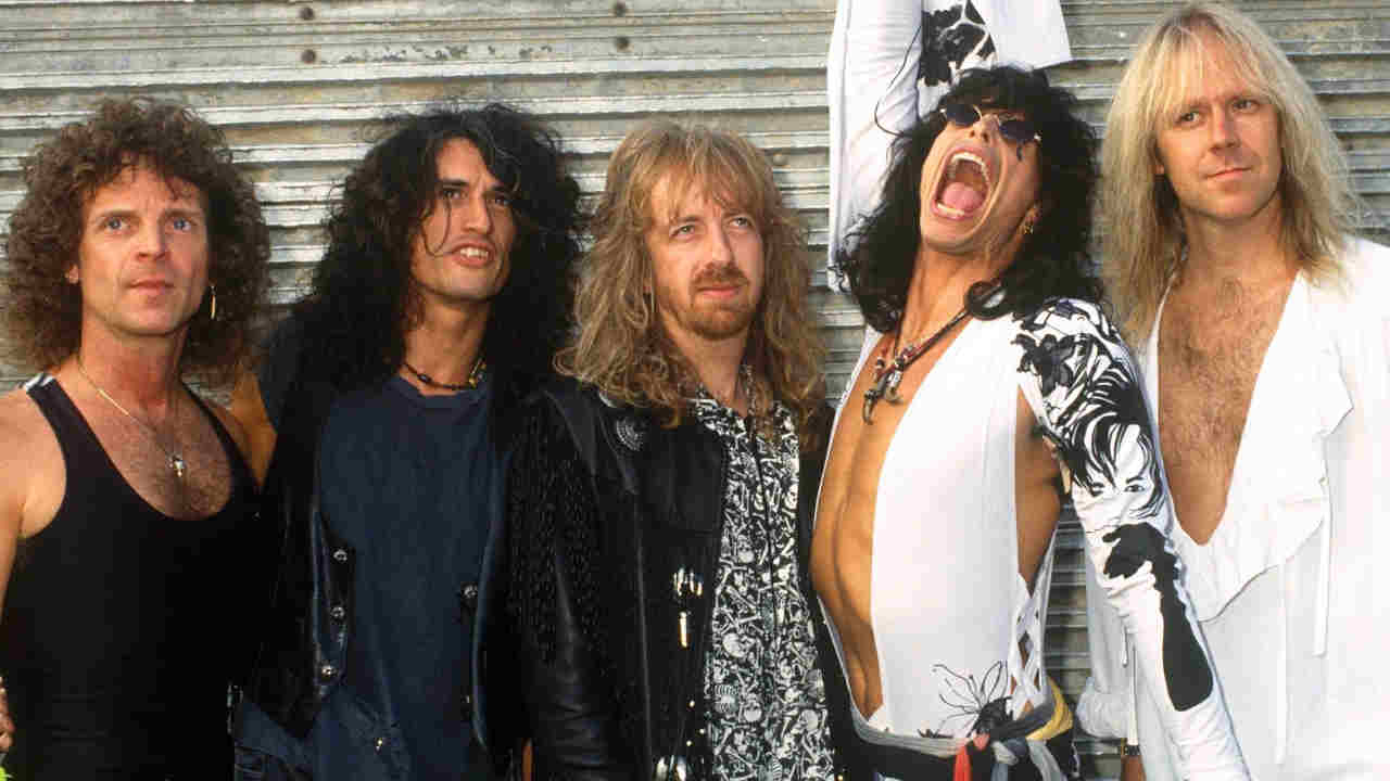 Aerosmith posing for a photograph in 1989