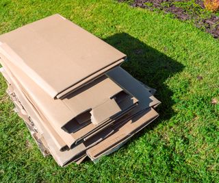 A pile of cardboard on a lawn ready to make a lasagna bed