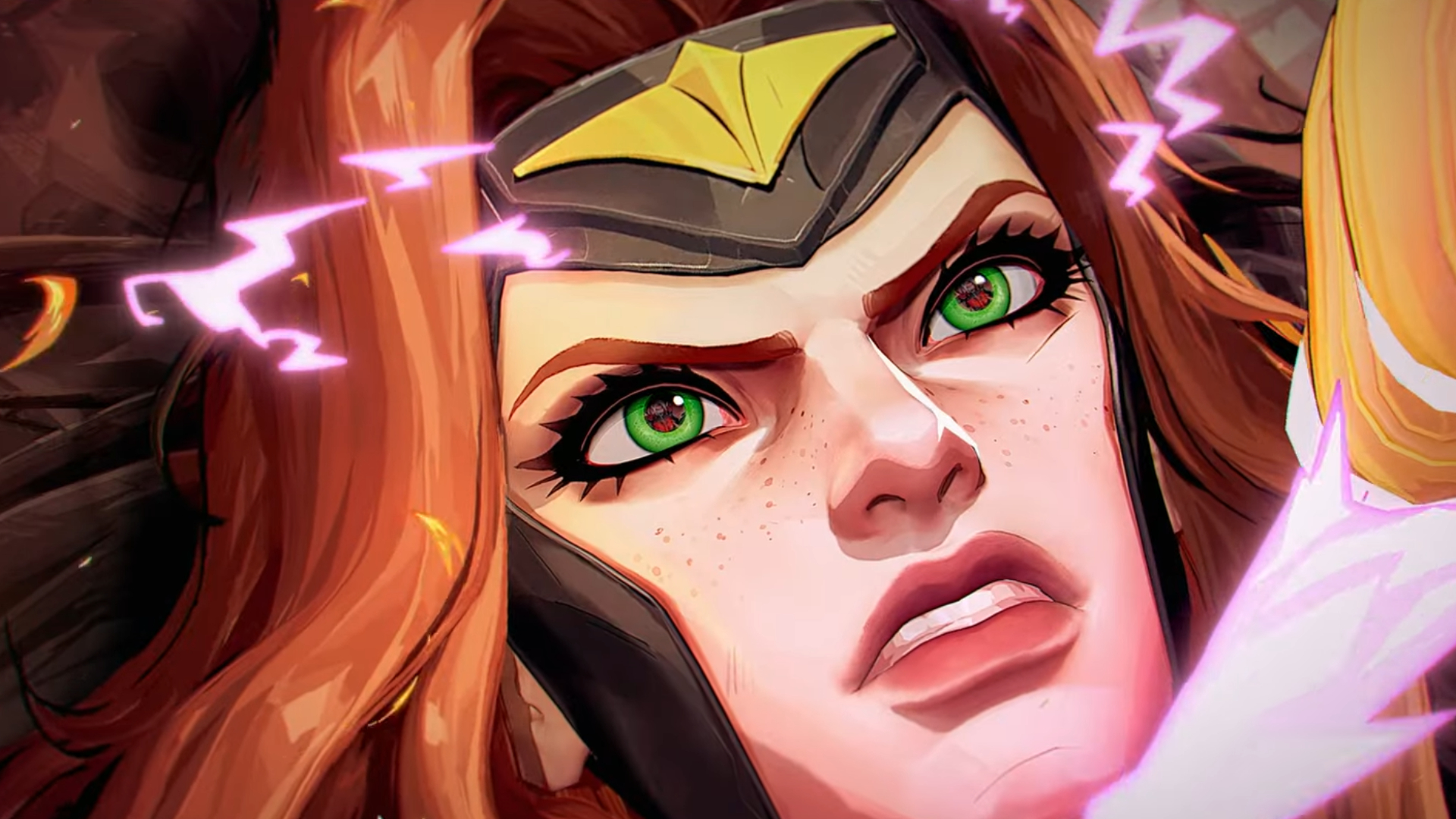 Marvel Rivals Season 3: Phoenix gritting her teeth as she&#039;s pinned to the ground by Hela, who&#039;s out of frame.
