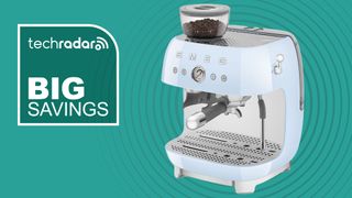 Smeg espresso machine on teal background with white text reading 'TechRadar big savings'