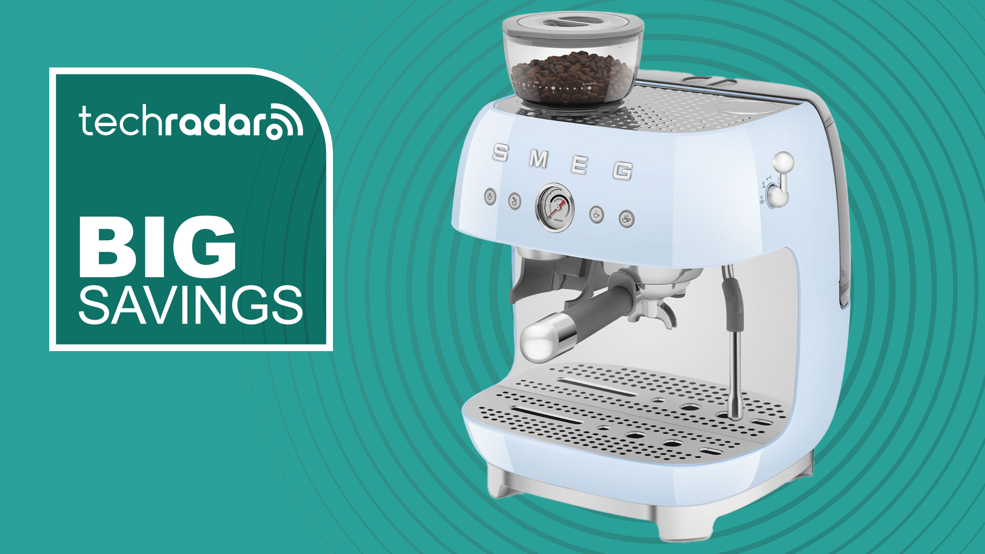 Smeg espresso machine on teal background with white text reading &#039;TechRadar big savings&#039;
