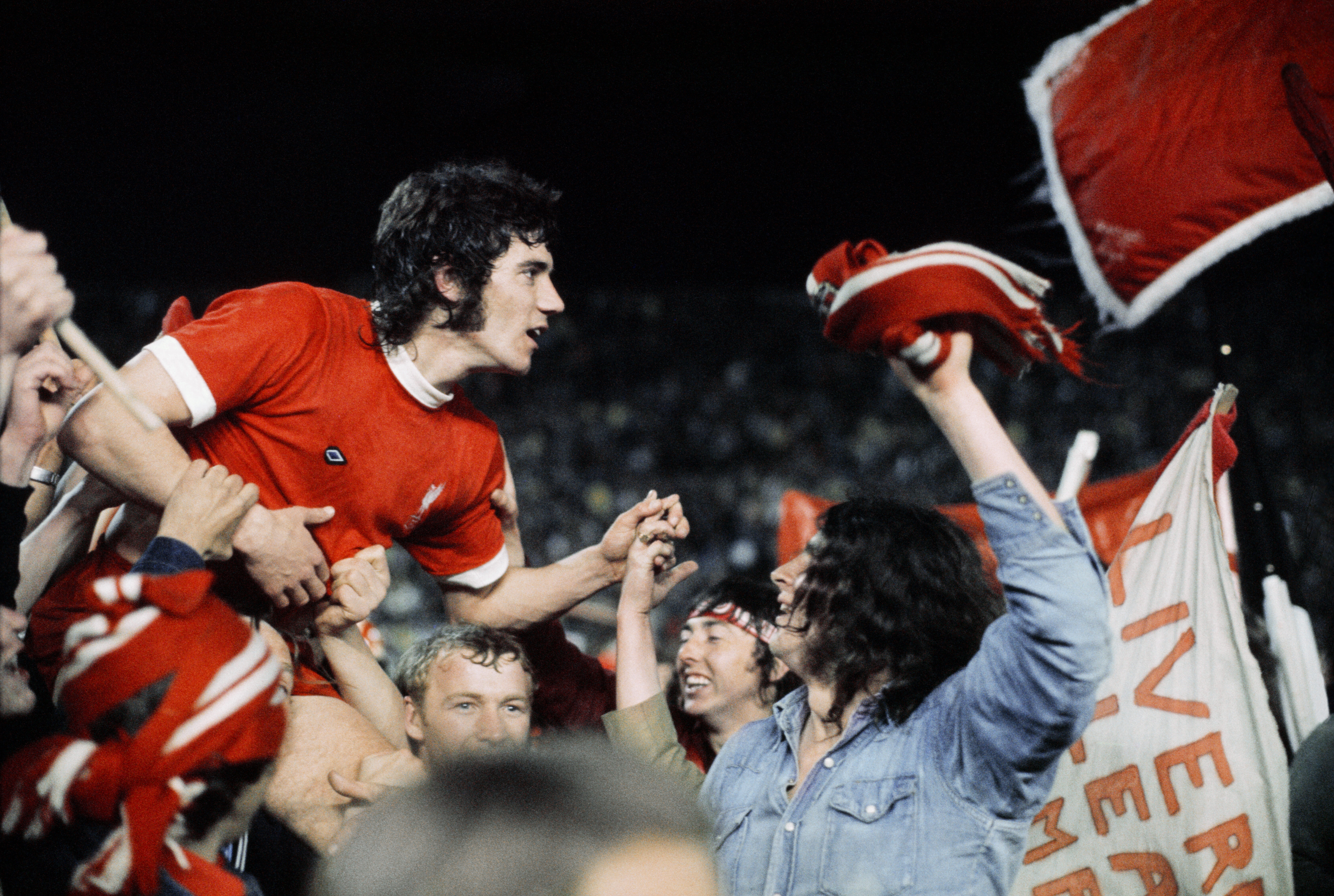 Kevin Keegan is carried off on the shoulders of fans after Liverpool's win over Borussia Monchengladbach in the 1973 UEFA Cup final.