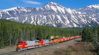 A beautiful spring day in Montana finds a westbound intermodal train at Marias Pass