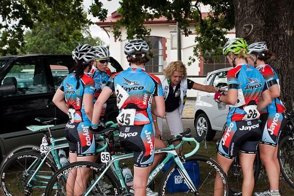 Team Jayco-AIS take on drinks and debrief after stage one.
