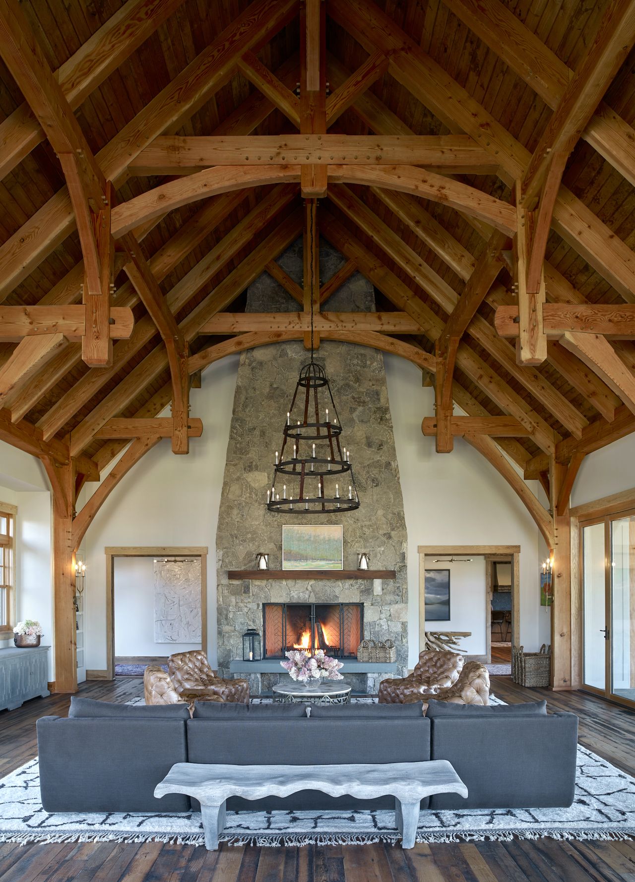 Vaulted wooden ceiling in the farmhouse living room