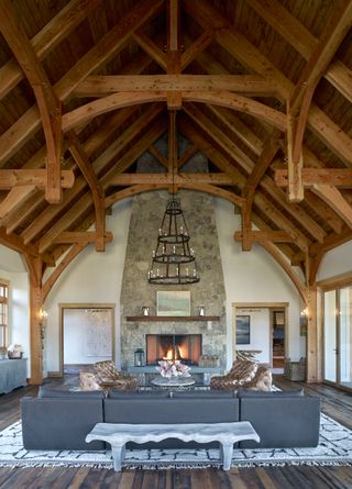 vaulted timber roof in farmhouse living room