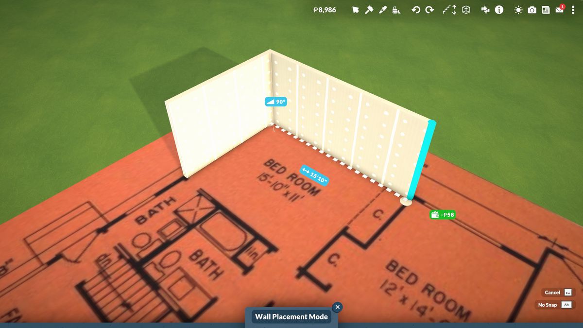 Paralives - two perpenducilar walls bring built over top of an image of a real life blueprint. The wall being built measures 10'11" to match the blueprint.