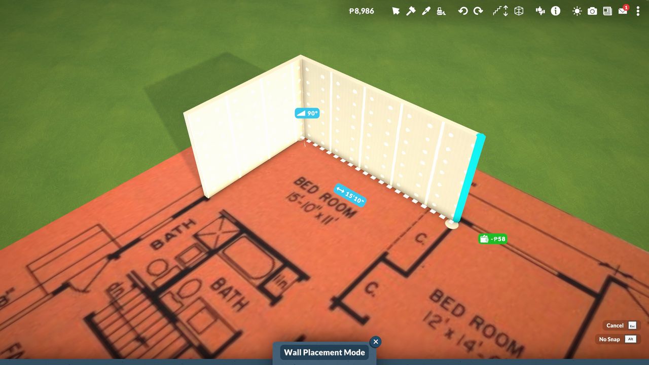 Paralives - two perpenducilar walls bring built over top of an image of a real life blueprint. The wall being built measures 10'11" to match the blueprint.