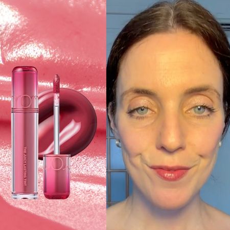 woman with brown hair pulled back in a bun wearing a pink lip tint on a pink glossy background and next to two pink korean lip tint bottles.