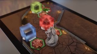 A character model sits on a board beside colorful cubes in Gloomhaven: Buttons & Bugs