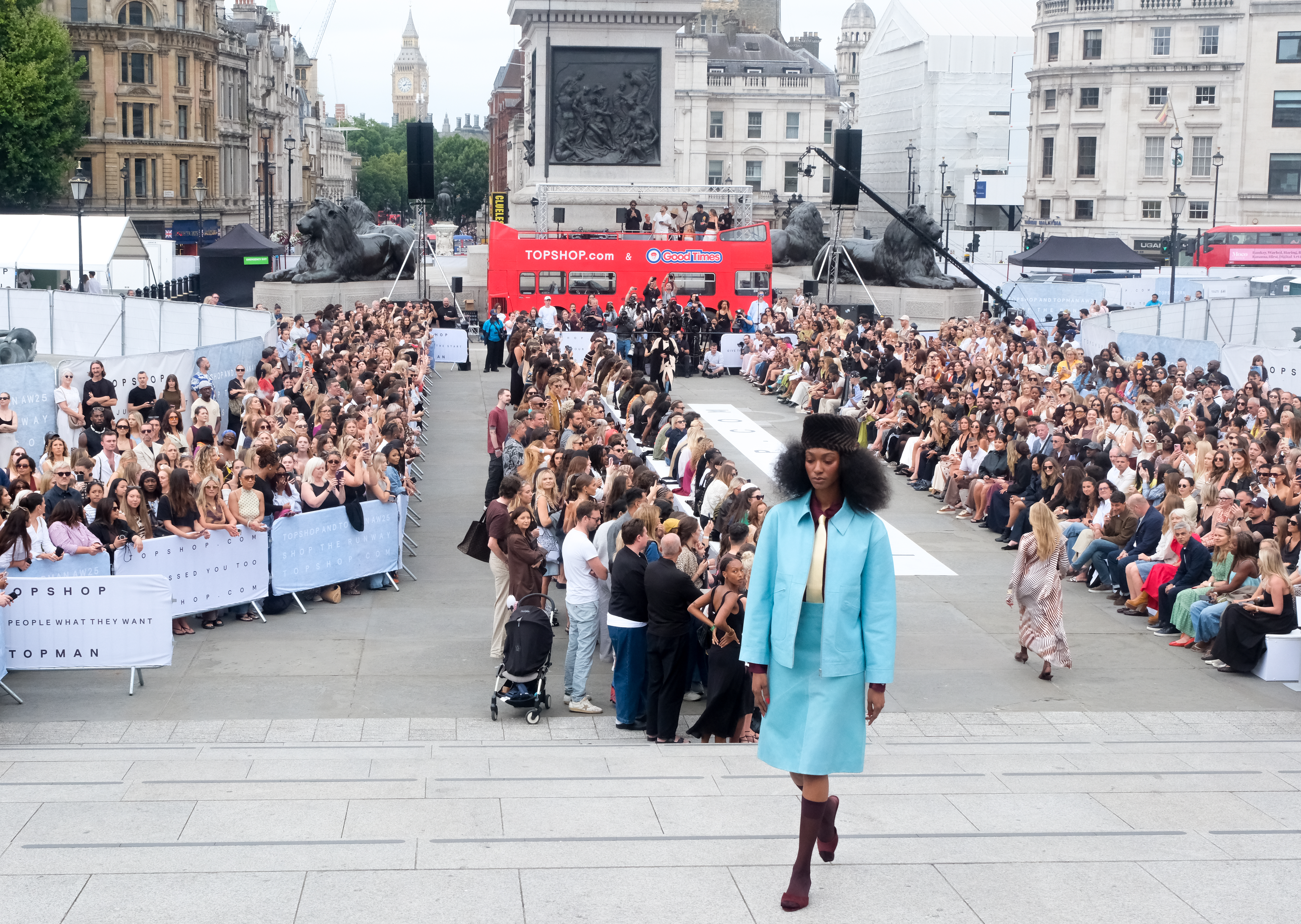 LONDON, UNITED KINGDOM - AUG 16, 2025 - Topshop Topman, catwalk show Trafalgar Square, Autumn Winter 2025, with TopShop coming back to the high street.
