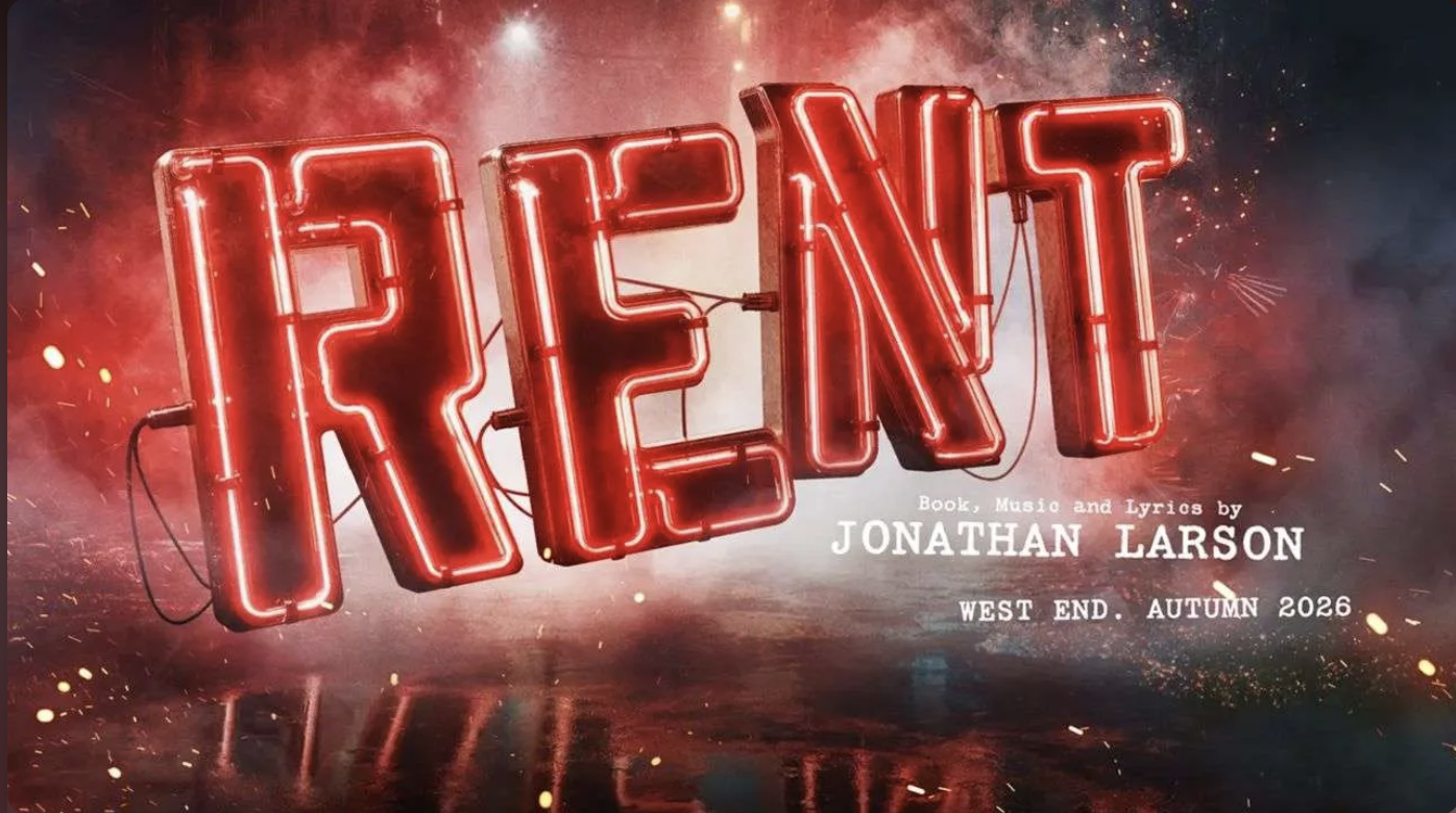 an image of the poster for rent showing the words 'RENT' in neon red lights