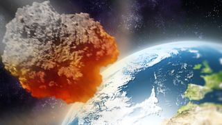 An illustration of an asteroid barreling toward Earth.