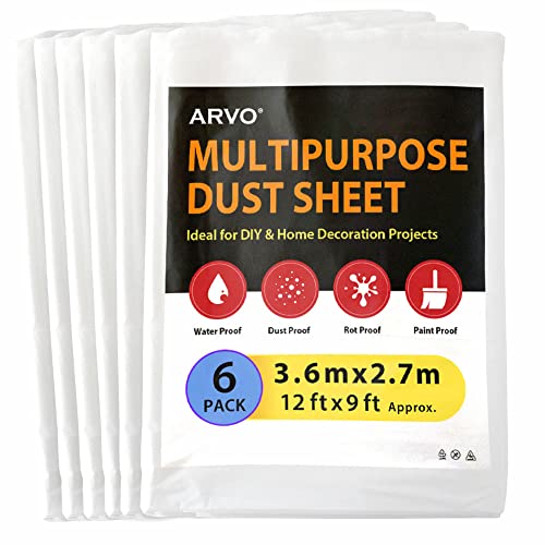 Arvo 6 Pack Extra Large Plastic Dust Sheets for Decorating - 3.6m X 2.75m (12ft X 9ft), Waterproof Polythene for Painting, Furniture, Floor Protection, Ideal With Paint Coveralls, Packaging May Vary
