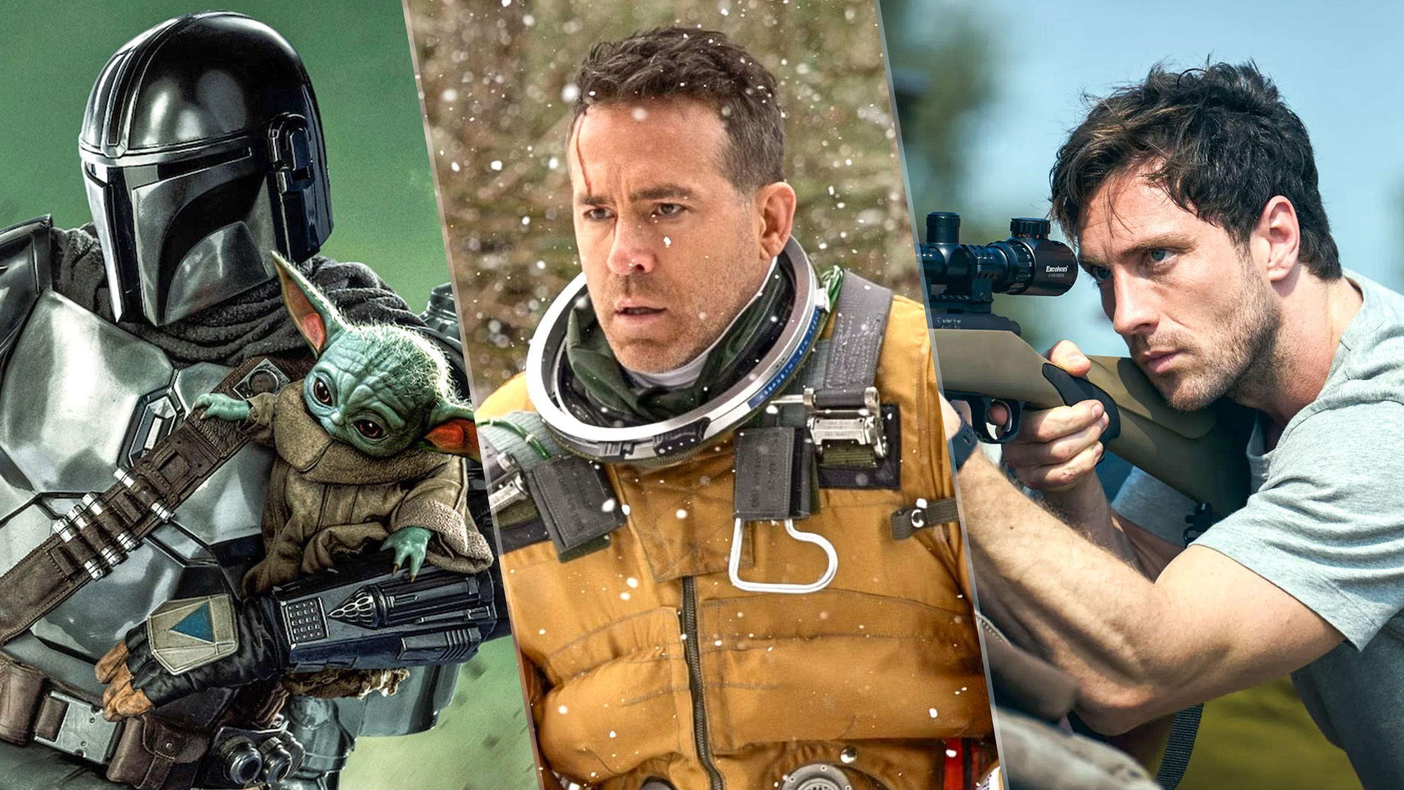 (L-R) Pedro Pascal as Din Djarin in "The Mandalorian and Grogu," Ryan Reynolds as Troy "Assassin" Kelly and Aaron Taylor-Johnson as Major Will Tranter in "Fuze"