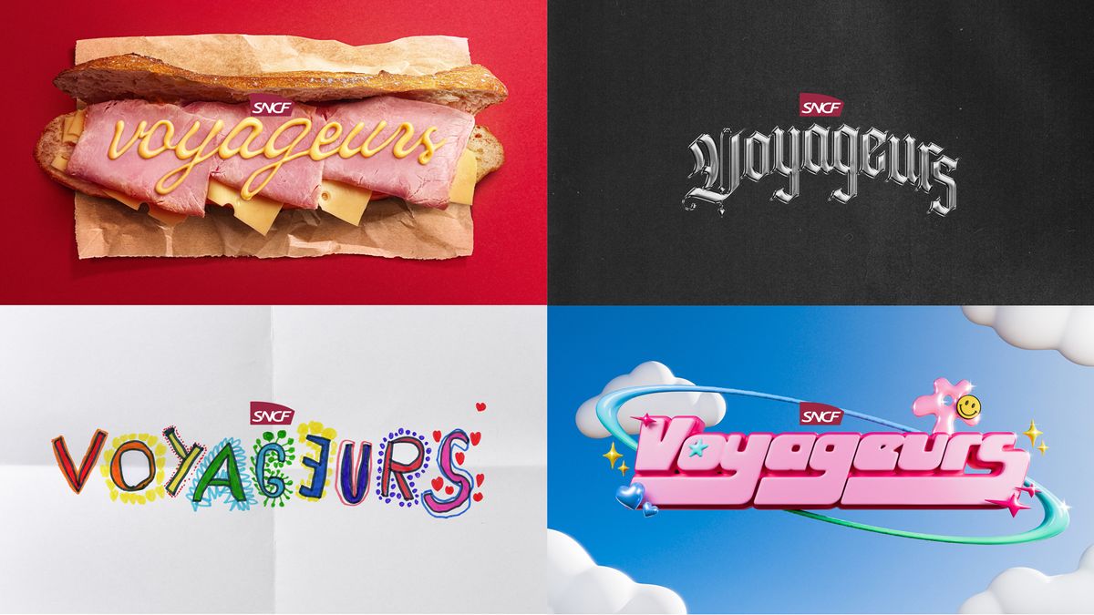 Voyageurs written in different ways, one on a hot dog, one in metal band logo style, one like a kid has drawn it and one in pink Barbie style