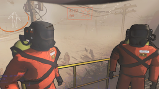 Two players in orange space suits standing on the edge of a ship