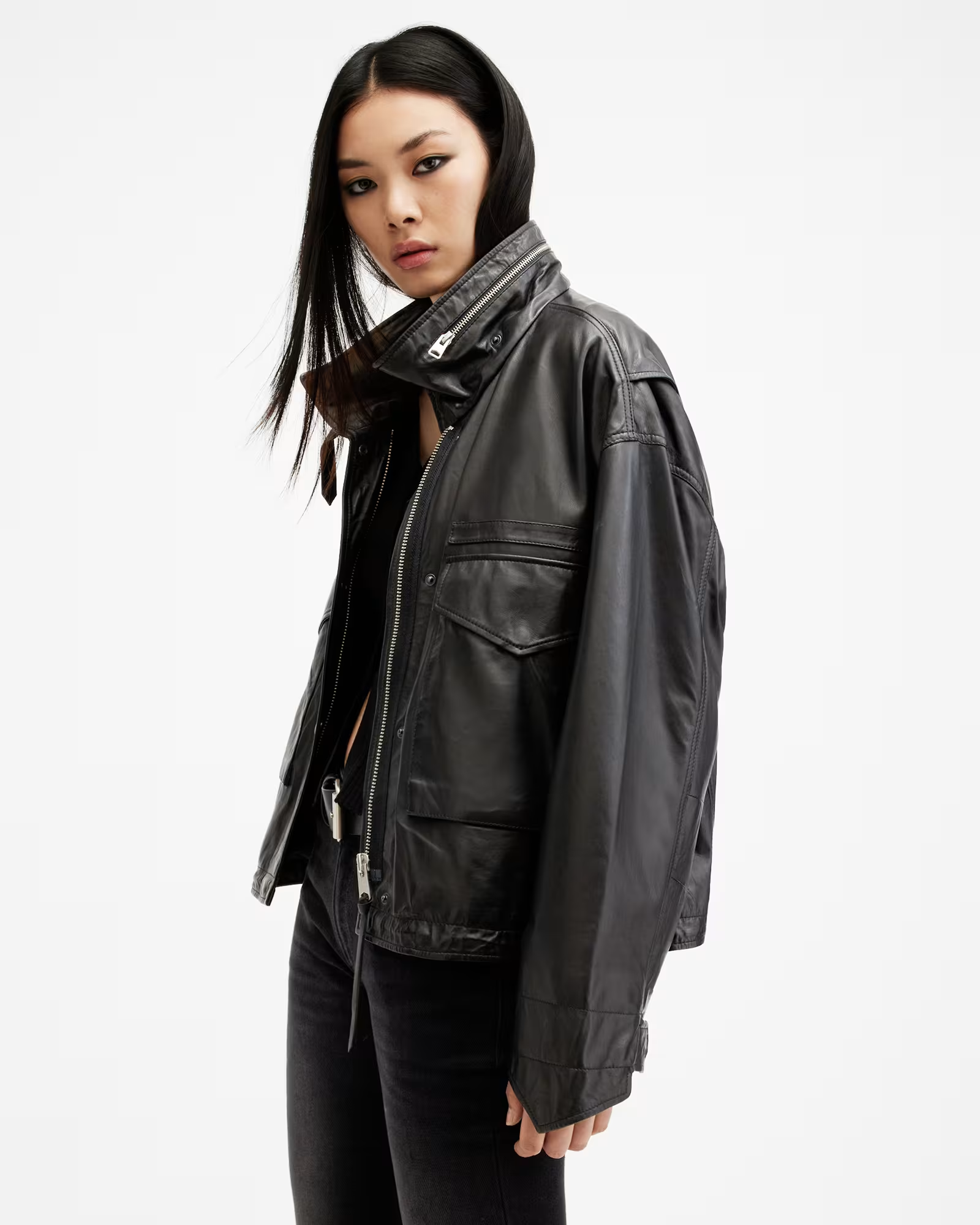 Allsaints, Clay Funnel Neck Cropped Leather Jacket