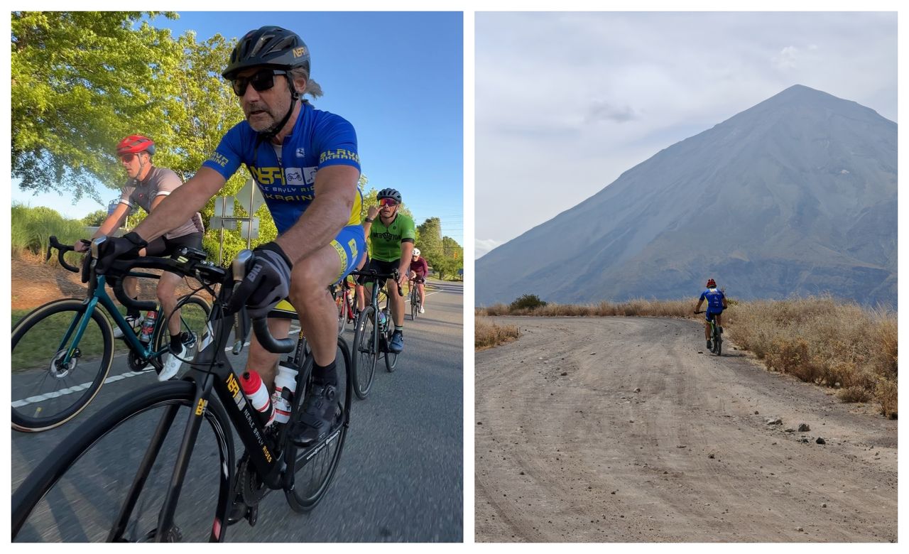 Man riding road bike and mountain bike in collage