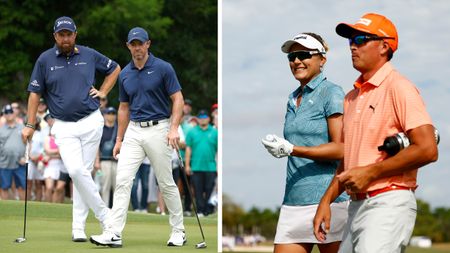 Rory McIlroy and Shane Lowry reading a putt at the Zurich Classic of New Orleans, and Lexi Thompson with Rickie Fowler at the Grant Thornton Invitational