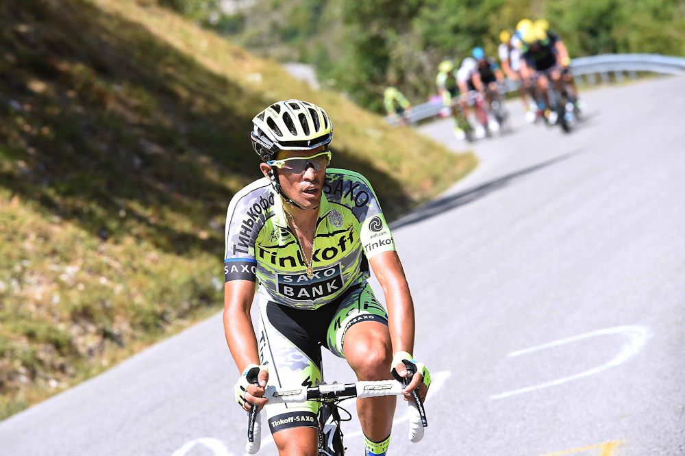 Alberto Contador goes on the attack during stage 17.