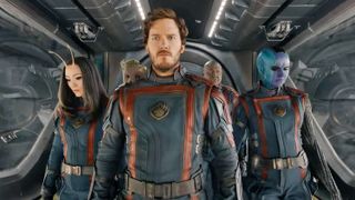 Peter Quill, Mantis, Groot, Drax, and Mantis exit their Bowie ship in Guardians of the Galaxy 3