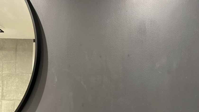 grey painted bathroom wall with water streaks