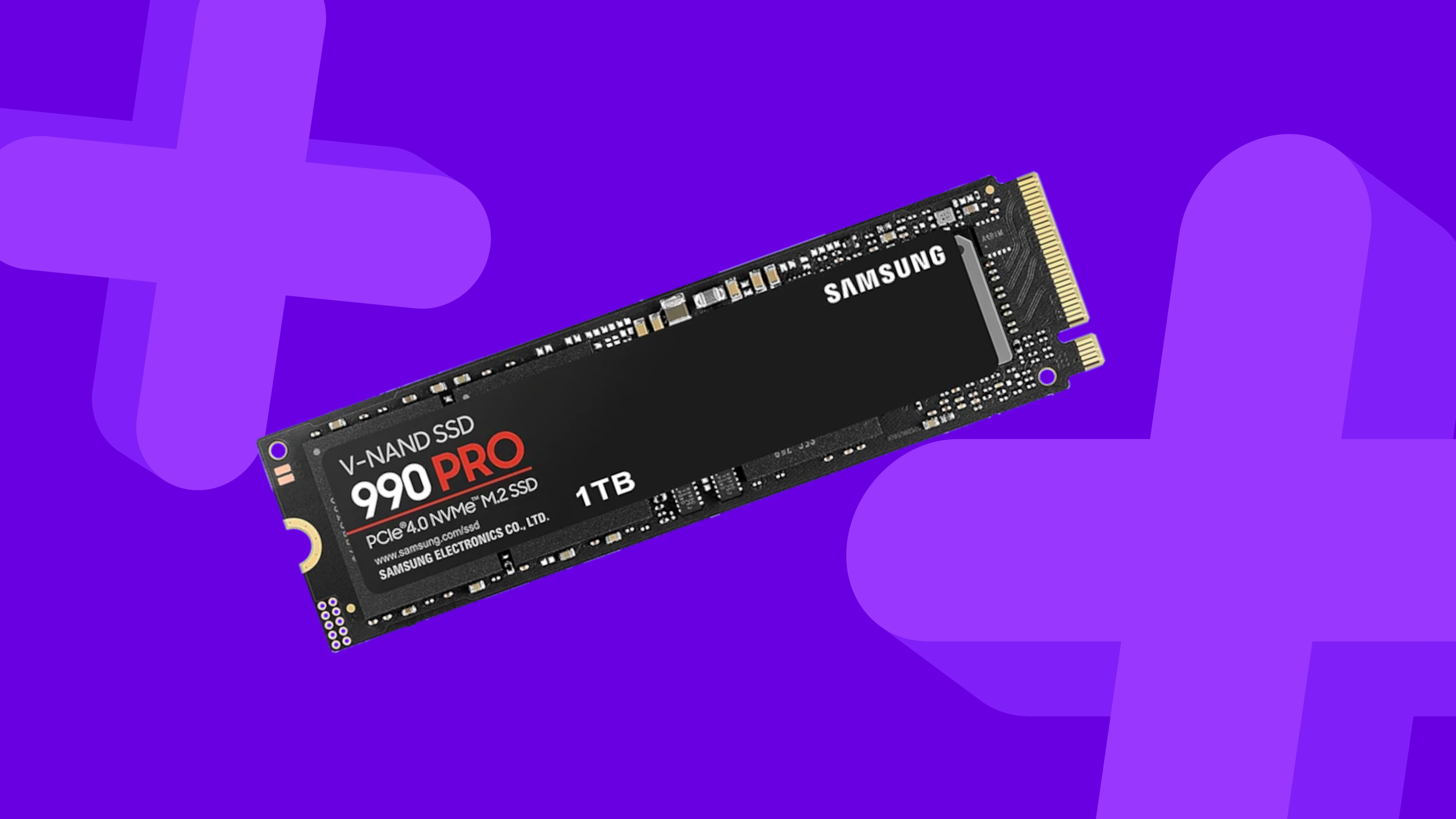 Samsung 990 Pro SSD on a purple background